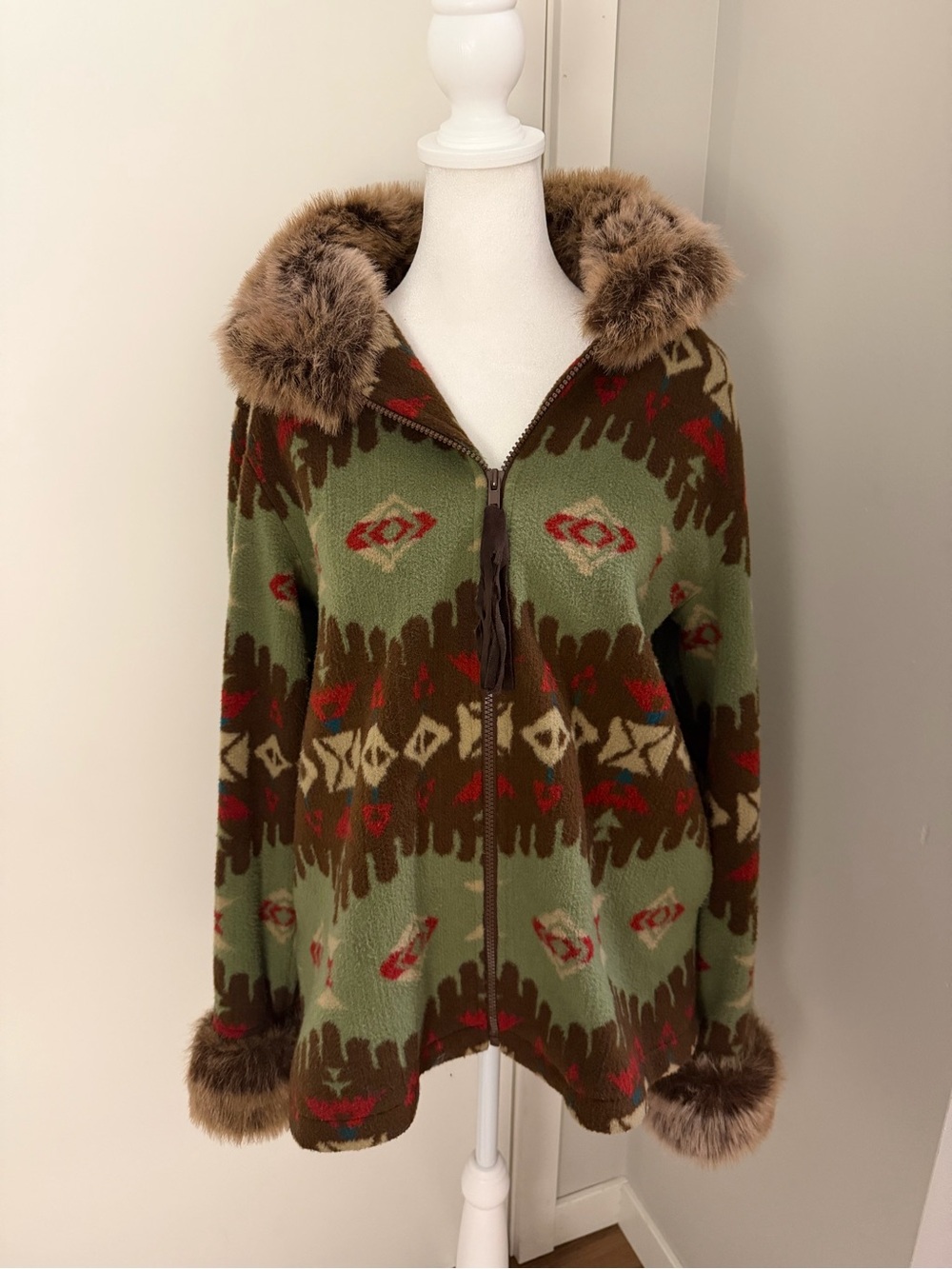 Tasha Polizzi Western Geometric Aztec Print Fleece Coat with Faux Fur Trim